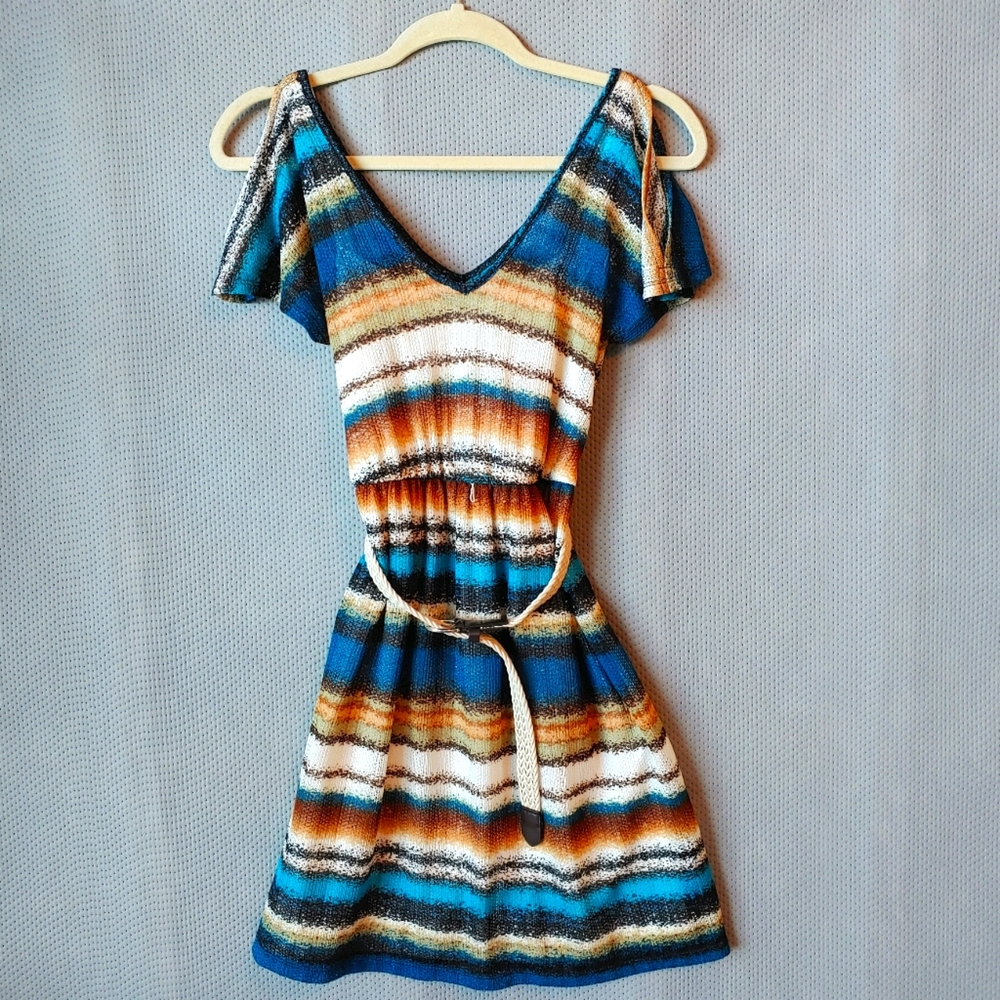 NWT Iz Byer Striped Cold Shoulder Belted Dress